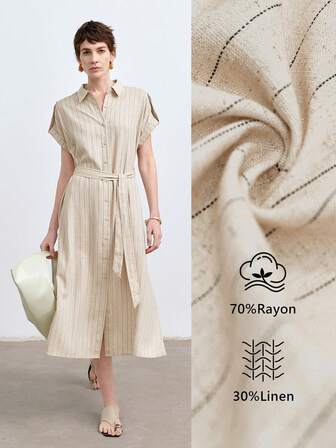 Aalyst Robe chemise rayée élégante en lin pour femmes avec col chemisier, épaules tombantes, manches courtes, ceinture à la taille, ourlet fendu, silhouette droite. Convient pour le trajet, les loisirs, les vacances, le printemps/été