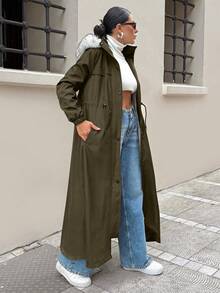 EURMUSE WOMAN BLACK OVERCOAT WITH FUR AND TEDDY LINING - Hijau Tentara - View 6