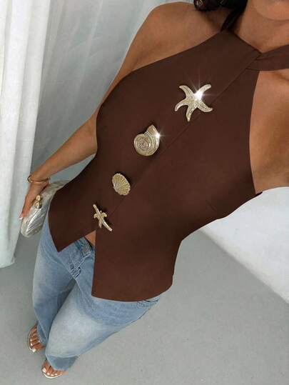 Glamine Camisa de mujer sin mangas, elegante y casual, de color albaricoque, tejida, con hebilla metálica inelástica, ropa de mujer para otoño, de vuelta al colegio