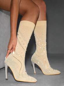 CUCCOO SZL Women's Pointed Toe High Heel Elastic Rhinestone Socks Boots - Apricot - View 7