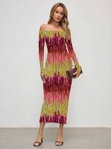 Glamance ORANGE STUDIO Sequin Sequins Sexy Off-Shoulder Long Dress For Women, Suitable For Christmas Party And Club, Winter Disco Dress Sequence Dress Salsa Dress Chic Stylish Clothing Collection New Year - Multicolor - View 4