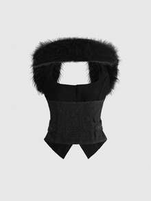 ROMWE Áo khoác cổ lông họa tiết vải Jacquard Gothic cổ điển Dark Palace - màu đen - Xem 2