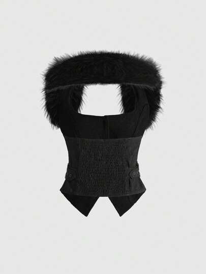 Goth Dark Palace Gothic Vintage Jacquard Textured Fabric Patchwork Fur Collar Jacket