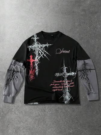 T-shirt à manches longues 2 en 1 avec imprimé croix gothique vintage pour hommes