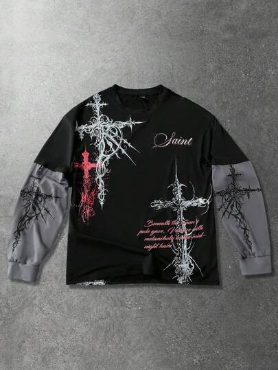 Street Life Camiseta de manga larga con estampado de cruz vintage gótica para hombres 2 en 1