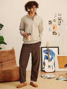 Open Phase 男士提花针织长袖上衣，秋冬简约立领打底衫，纯色圆领T恤，男士长袖T恤，春夏送给男友的节日礼物 - 卡其色 - 查看 2