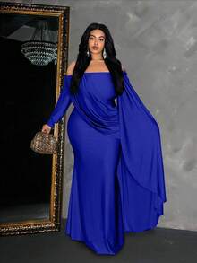 Maweii Plus Size Solid Color Off Shoulder Long Sleeve Fitted Midi Dress - Royal Blue - View 5