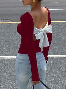 DAZY Herbst/Frühling Beerenrot Neujahr & Weihnachten figurbetontes kurzes Top, rückenfrei mit Bindeband und Kontrast-Farbblock Langarm T-Shirt für Frauen Schule - Rot - Übersicht 1