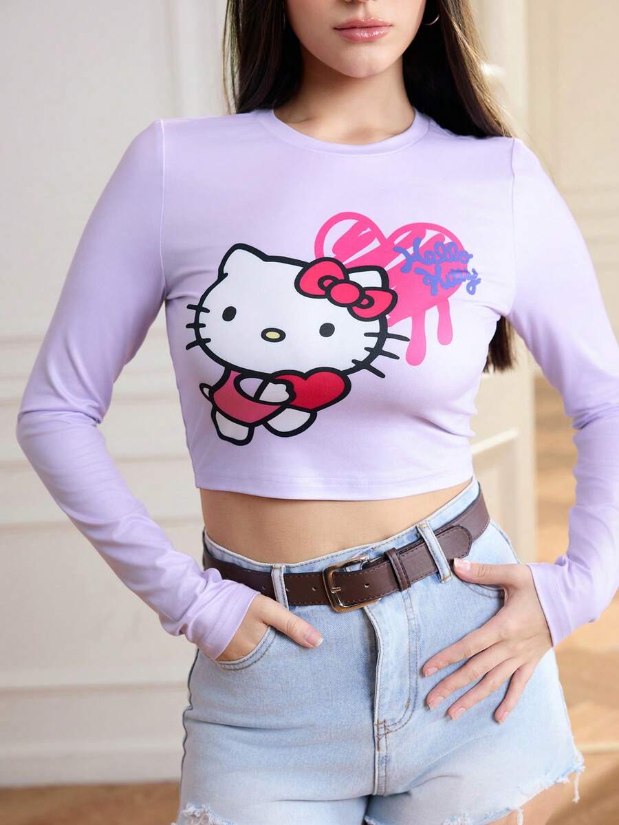 HELLO KITTY AND FRIENDS | SHEIN 女式可爱卡通图案圆领短款修身T恤，秋季 - 紫色 - 查看 1
