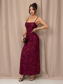 SHEIN PETITE 优雅休闲通勤派对连衣裙简约剪裁提花针织面料 Ankola 红色长款吊带连衣裙机场装教师装外出装婚礼宾客紧身连衣裙办公室连衣裙复古风格端庄连衣裙酒红色连衣裙，女士秋季连衣裙，秋季婚礼宾客连衣裙 - 酒紅色 - 查看 6