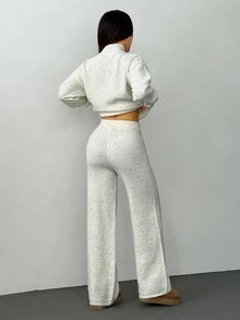 SHEIN PETITE 女士休闲舒适简约时尚宽松针织毛衣和高腰弹力休闲裤两件套，秋冬 - 杏色 - 查看 2