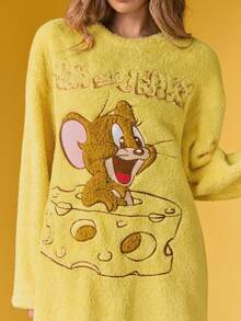 TOM & JERRY X SHEIN 女士可爱卡通刺绣圆领落肩睡裙，秋冬季，哞哞睡衣