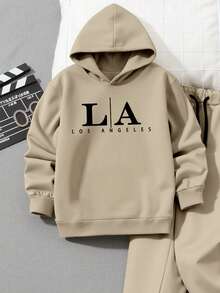 Manfinity Homme Plus Size Men's Casual Graphic Print Drawstring Hoodie, Long Sleeve Top - Khaki - View 2