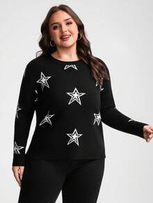 INAWLY Blusa de malha plus size feminina com logotipo Five Star, preta e branca - Preto e Branco - Ver 4