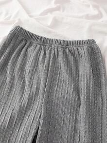 SHEIN 青少年女孩优雅灰色提花针织领口、袖口和下摆开衫搭配黑色蝴蝶结装饰和裤子两件套休闲舒适家居服套装 - 灰色 - 查看 9