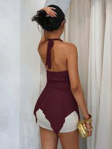 Glamine Áo tank top lưới thời trang nữ, cổ yếm buộc dây phía trước, viền bèo nhún, vạt áo bất đối xứng, trang trí hình bướm kim loại, màu đỏ, áo hai dây, áo dự tiệc, trang phục Giáng sinh cho nữ. - Màu Đỏ Sâu - Xem 2