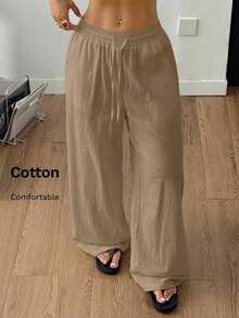 Coolane Women's Summer Country Concert Going Out Beach Outfits Boho Basic Minimalist Washed 100%Cotton White Pants Curved Hem Pants,Fall - Khaki - View 4