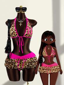 Zestiva 3pcs Women's Leopard Print Halter Neck Bikini Set With Tie-Up Top, Triangle Bottom And Contrast Color Drawstring Mini Skirt - Multicolor - View 4