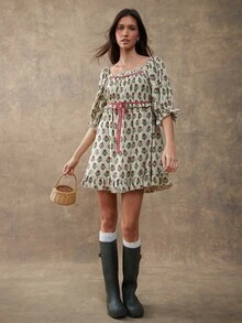 WESTFADE Váy ngắn chữ A xếp nếp tay bồng, cổ vuông, in họa tiết hoa pha cotton pha trộn, nơ phía trước, thu đông, phong cách Boho, thường ngày, dễ thương, ngày lễ, lễ tạ ơn, giáng sinh, trang phục miền tây, trang phục đồng quê - Nhiều màu - Xem 5