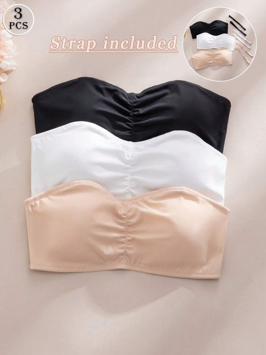 3pcs Ruched Bandeau Bras, Everyday Wear, Comes With Detachable Straps