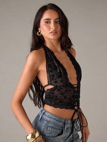 SHEIN BAE 女式花卉植绒网眼深 V 系带露背性感上衣 - 黑色 - 查看 4