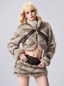 ROMWE EDITION Y2K Vintage Ultra Low Waist Faux Fur Patchwork Distressed PU Mini Skirt For Women - Khaki - View 8