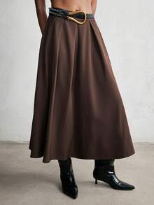 Lumivelle Women's Fashion Pleated Leather Belt Decor Skirt - Brown - View 3