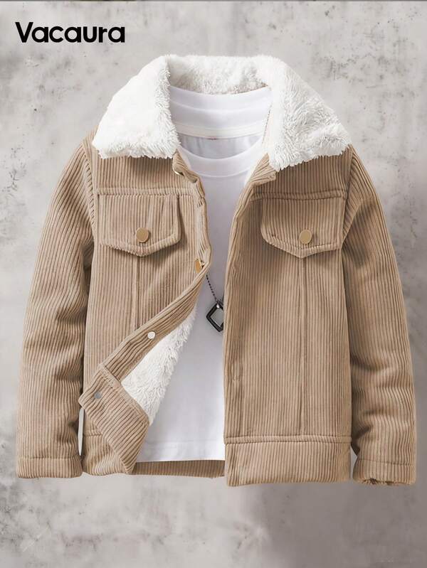 SHEIN Chaqueta de forro polar con cuello de pana estilo retro informal para niño preadolescente, adecuada para salidas escolares de otoño/invierno