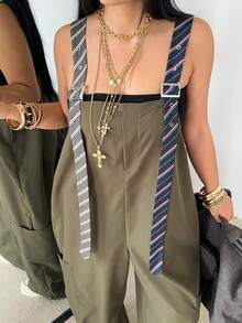 Vibekara 大码女式条纹工装裤，撞色口袋，休闲街头风格，适合度假、约会、派对、秋冬 - 軍綠色 - 查看 10