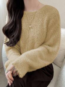 FRIFUL 女士圆领撞色蝴蝶结后背宽松厚实蓬松毛衣 - 駝色 - 查看 2