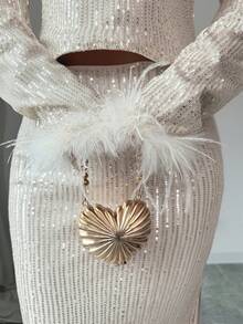 SHEIN Raffinéa 2pcs Christmas Sequin Set, Cropped Top With Keyhole Back Neckline And Side Slit Skirt, Autumn/Winter