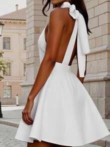 SHEIN Privé Women Solid Color Halter Tie-Up Mini Dress, Fashionable - White - View 4