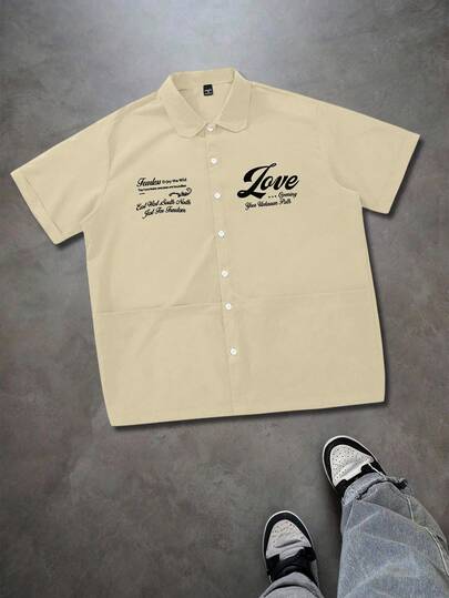 Manfinity Hypemode Young Men's Casual Short Sleeve Shirt, Pocket Design, Loose Fit, Fashionable & Versatile, Suitable For Commuting, Outdoor Activities, College, Holiday Gift