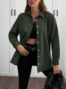 EURMUSE Solid Color , Rhinestone Details, Over Shirt Jacket - Army Green - View 5