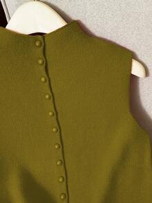 Franclia 休闲宽松高领无袖针织纽扣设计红色女式毛衣上衣，春秋 - 橄欖綠 - 查看 5