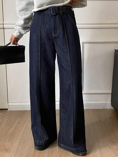 DAZY 女式直筒休闲牛仔裤，配腰带装饰