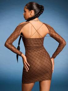 Normani 纯色针织网眼褶裥镂空水钻交叉绑带性感修身女士夜店连衣裙，夏季 - 棕色 - 查看 3