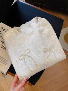 Franclia 女式休闲宽松圆领水钻蝴蝶结蕾丝拼布运动衫