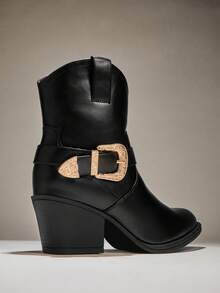 SHUZIA Damskie, seksowne, olśniewające, szpiczaste botki w stylu vintage na klockowym obcasie z przeszyciami - Czarne - Zobacz 6