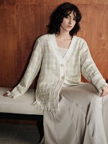 Uhlyne Chaqueta vintage de punto texturizado con cuello en V y flecos, de colores mixtos, para otoño/invierno