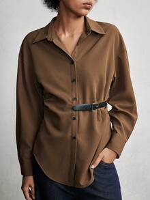 Lumivelle Women's Solid Color Drop Shoulder Long Sleeve Casual Shirt With Waist Buckle Design - Coffee Brown - View 6