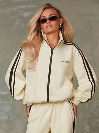 Athîral Women's Contrast Color Stand Collar Zipper Long Sleeve Dropped Shoulder Casual Versatile Jacket