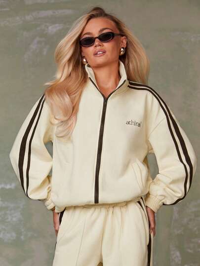 Athîral Women's Contrast Color Stand Collar Zipper Long Sleeve Dropped Shoulder Casual Versatile Jacket