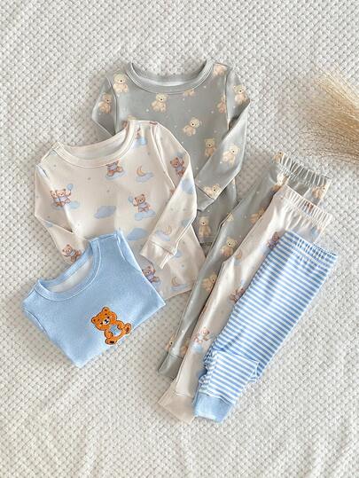 6pcs/Set Infant/Toddler Boys' Cute Bear All-Over Print Long Sleeve Top And Striped Long Pants Pajama Set Baby Clothes Baby Pajama Sets Baby Pj Set Super Soft Baby Clothes "Tight Fit Pajama","Tight Fit","Snug Fit