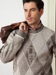 Core Aspect Men's Casual Loose Fit Rhombus Plaid Pattern Dropped Shoulder Sweater, Autumn/Winter - Multicolor - View 2