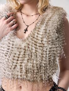 ROMWE EDITION Y2K性感孔雀仿毛皮露背连帽女式上衣 - 淺灰色 - 查看 3