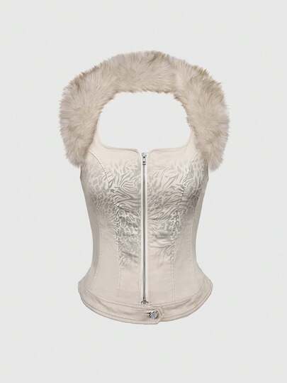 Grunge Punk Top ajustado de mujer con cuello desmontable de piel sintética con estampado animal de estilo retro sexy