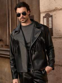 HIMLAND Men's Fringed PU Leather Long Sleeve Shacket - Black - View 7