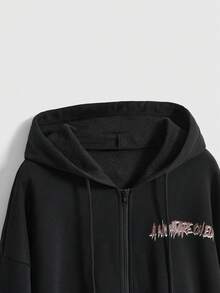 A Nightmare on Elm Street X ROMWE 万圣节恐怖印花宽松拉链连帽运动衫 - 黑色 - 查看 3