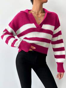 SHEIN Tall Striped Pattern Drop Shoulder Sweater, Tall Women - Hot Pink - View 3